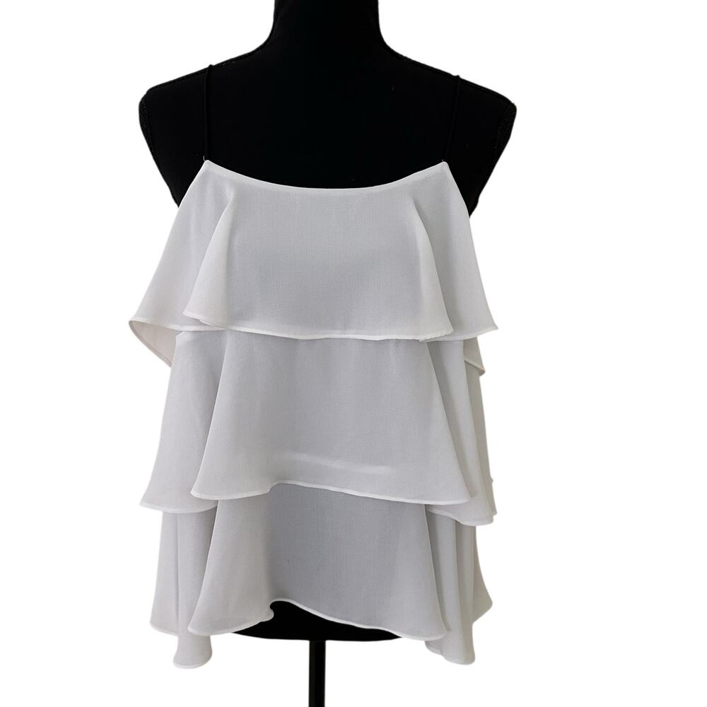 Women White Spaghetti Strap Ruffle Blouse Size L